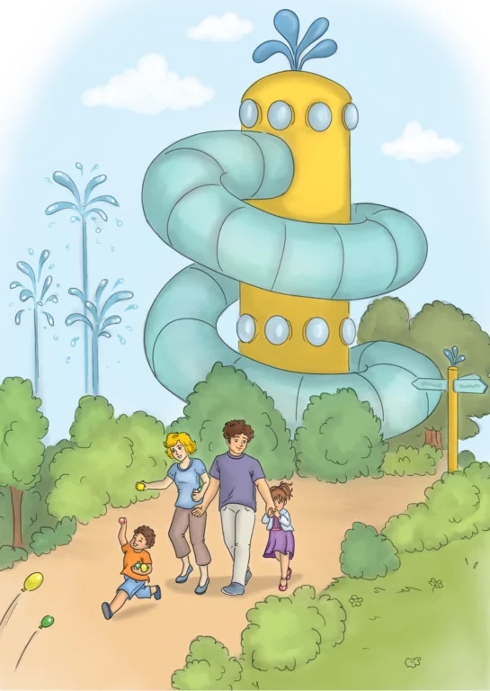 Illustratie voor een sprookje uit 'Stel je dat eens voor...' waarbij een familie in een waterpark te zien is