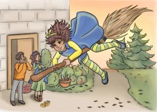 Meisje vliegt op een bezem, haar ouders staan toekijkend in de deuropening. illustratie voor het kinderboek 'Stel je dat eens voor...'