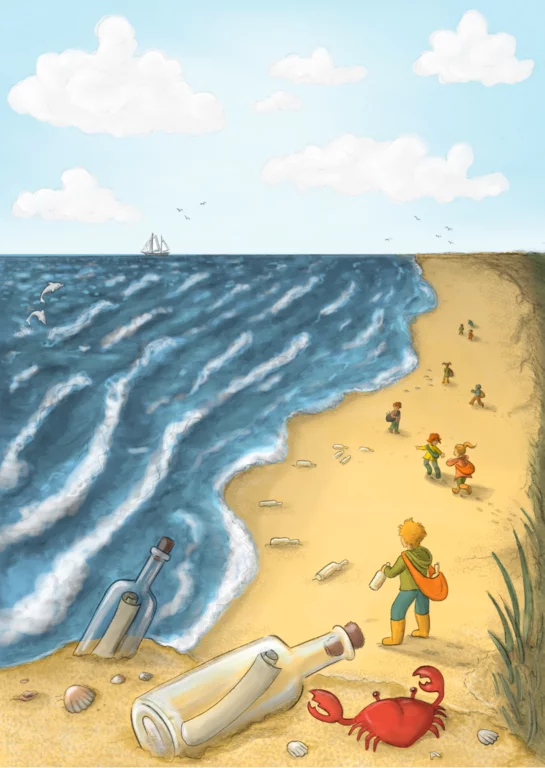 Strandgezicht van boven: zee, kinderen, een flessenpost, een krab. Een illustratie voor het kinderboek 'Stel je dat eens voor..."