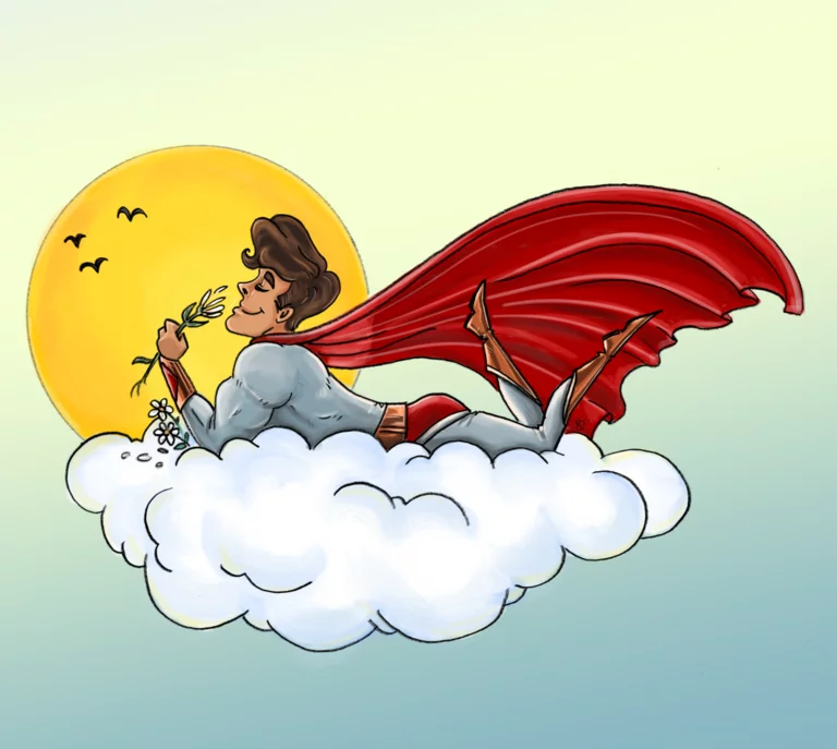 een superheld heeft even pauze en rust uit op een wolkje met de zonnenschijn in de achtergrond. persoonlijk werk
