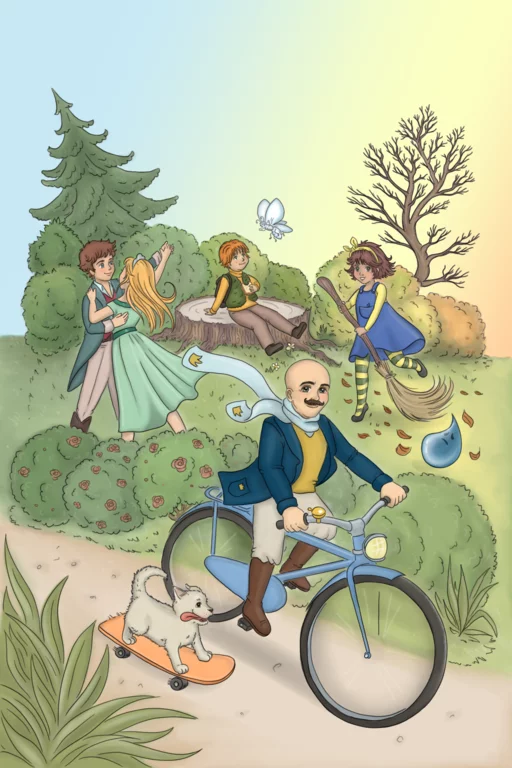Coverafbeelding met een man op de fiets, een dansend stel en een meisje op een bezem voor het sprookjesboek 'Stel je dat eens voor...'